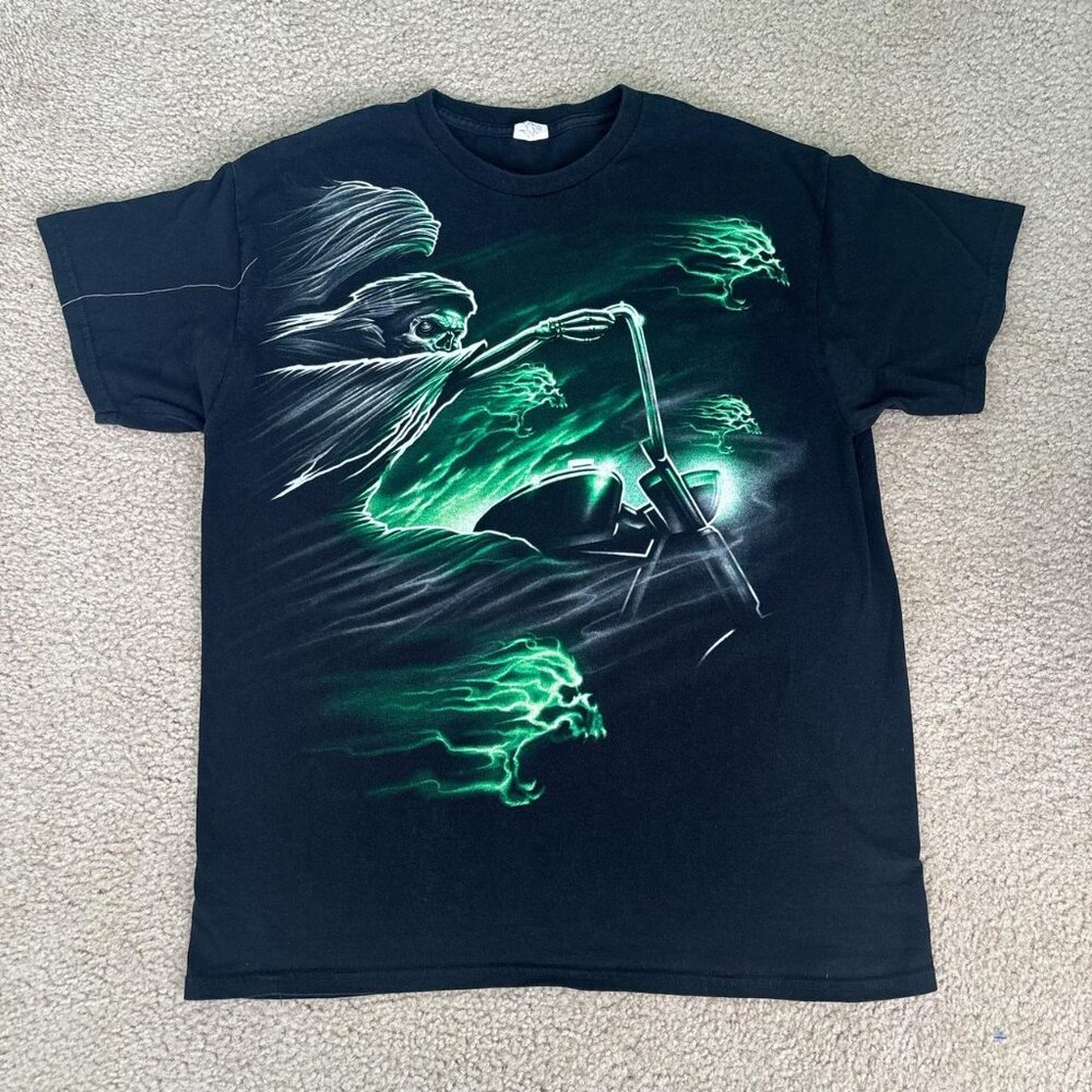 Vintage Ghost Rider Motorcycle T-Shirt Mens L Green Demon Biker Y2K